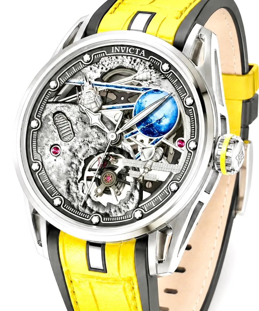 Men’s Invicta Celestial Nadia Automatic Mechanical Watch - 44.5mm, Skeleton Dial Revealing Gears, Yellow Leather Strap, Carbon Fiber Case with Combination Lock, Modern Design, Included Invicta Gloves