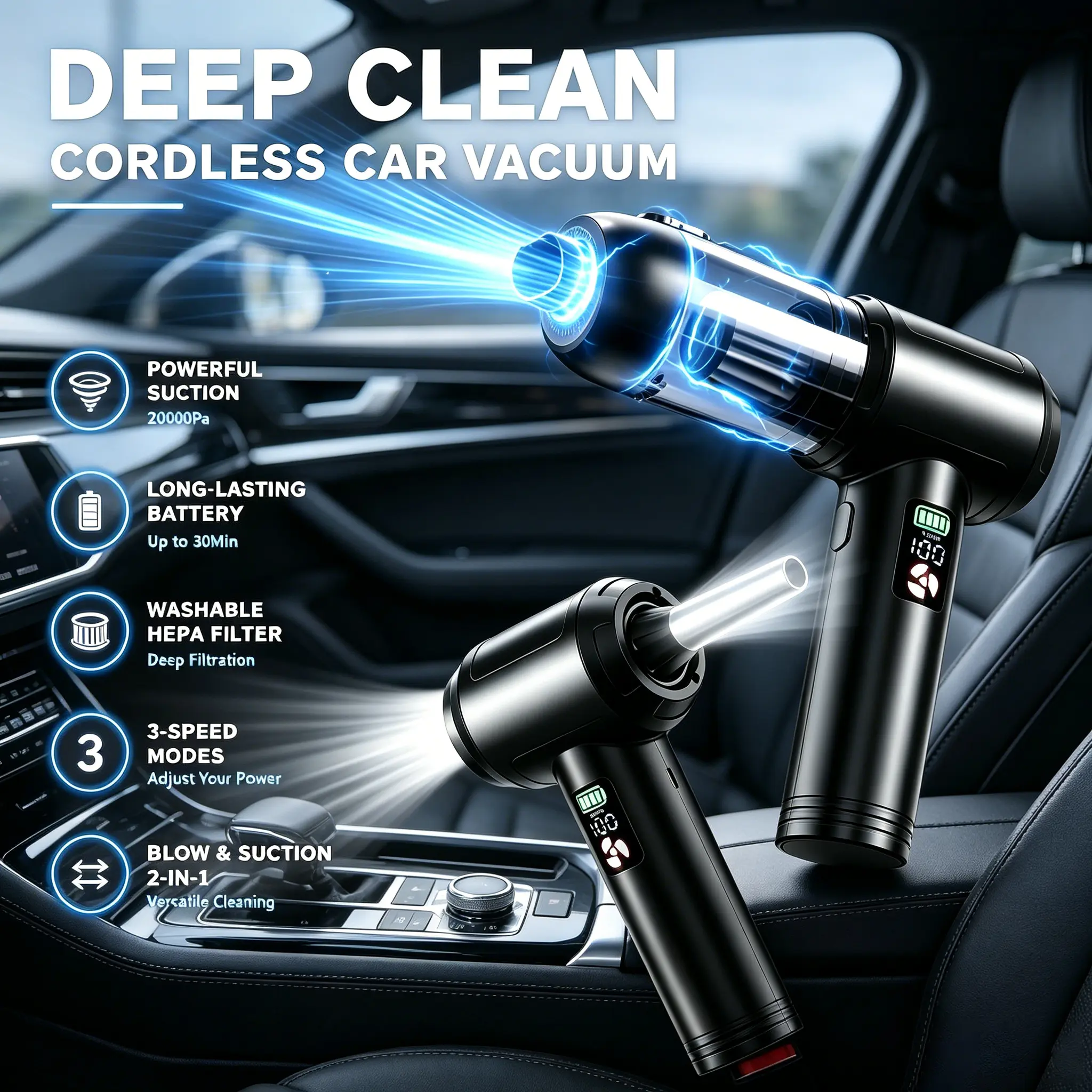 LTYTZ Car Vacuum Portable Cordless 20000PA High Power 4-in-1 Compressed Air Duster & Air Blower & Pump Hand Held Vacuum with Brushless Motor for Car,Home,Office,Pet Hair,Camping Ideal Gifts for Men & Women