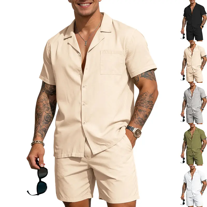 Men's Casual Summer 2-Piece Outfit Cuban Collar Short Sleeve Shirt and Beach Shorts Set