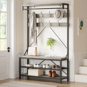 Garvee 3-in-1 Mobile Coat Rack with 8 Hooks and 1 Rod, Narrow Entryway Storage Cabinet with 2 Shoe Shelves, 183 cm Tall Coat Rack with Bench for Entryway and Living Room, Dimensions 102 x 40 x 183 cm