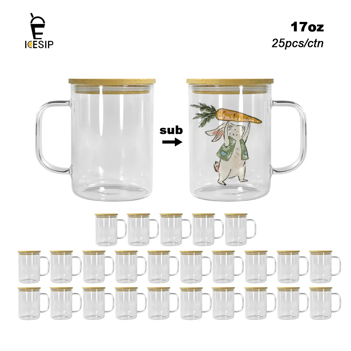 Icesip 25pcs/ctn 17oz sublimation clear glass Cup Mug with bamboo lid for Custom Gifts for Corporate Events, Sports & Weddings