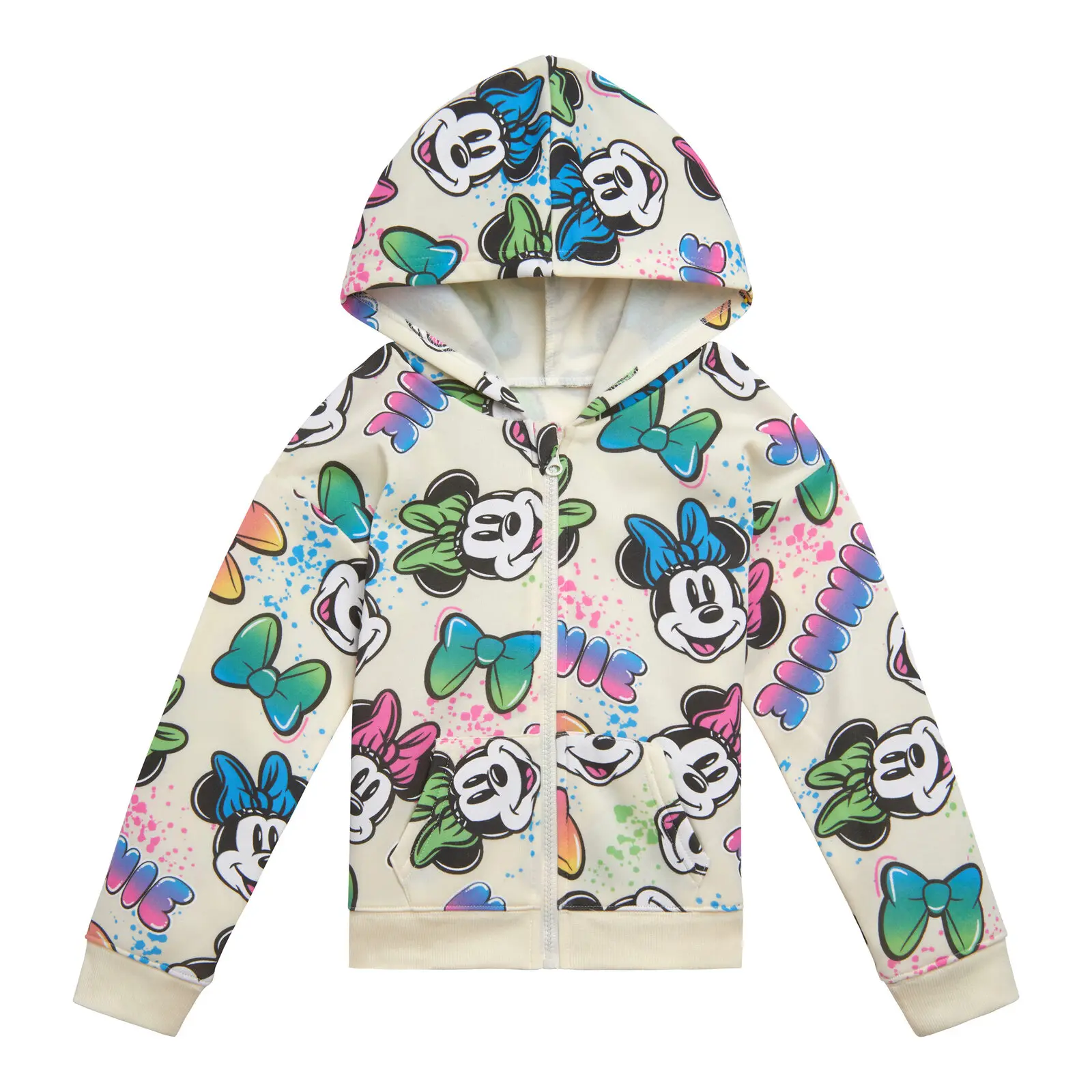 Disney Girls' Streetwear Hoodie, Minnie Mouse Allover Print Hooded Sweatshirt with Pockets, Kids Clothing, Long Sleeve, Kids Clothing Girls, Split, Zip, 4T, Graphic Long Sleeves, Kids Style