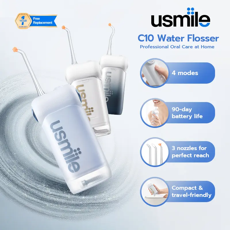 usmile C10 Portable Water Flosser, Cordless Oral Irrigator with Guiding Nozzle, 4 Cleaning Modes, 95-Day Battery Life, 180ml Large Water Tank, IPX7 Waterproof, Travel-Friendly Dental Care