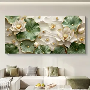 Modern Abstract Lotus Leaf Canvas Art For Living Room Bedroom Hallway, 1.5 Inch Thick Pine Solid Wood Frame Decor Poster Print Wall