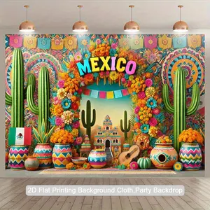 1pc 2D Flat Vibrant Mexican - Themed Backdrop Tapestry - Polyester Photography Background with Cacti, Papel Picado & Sombrero Design for Indoor/Outdoor Parties, Birthdays, Studio Props - No Electricity Needed, M