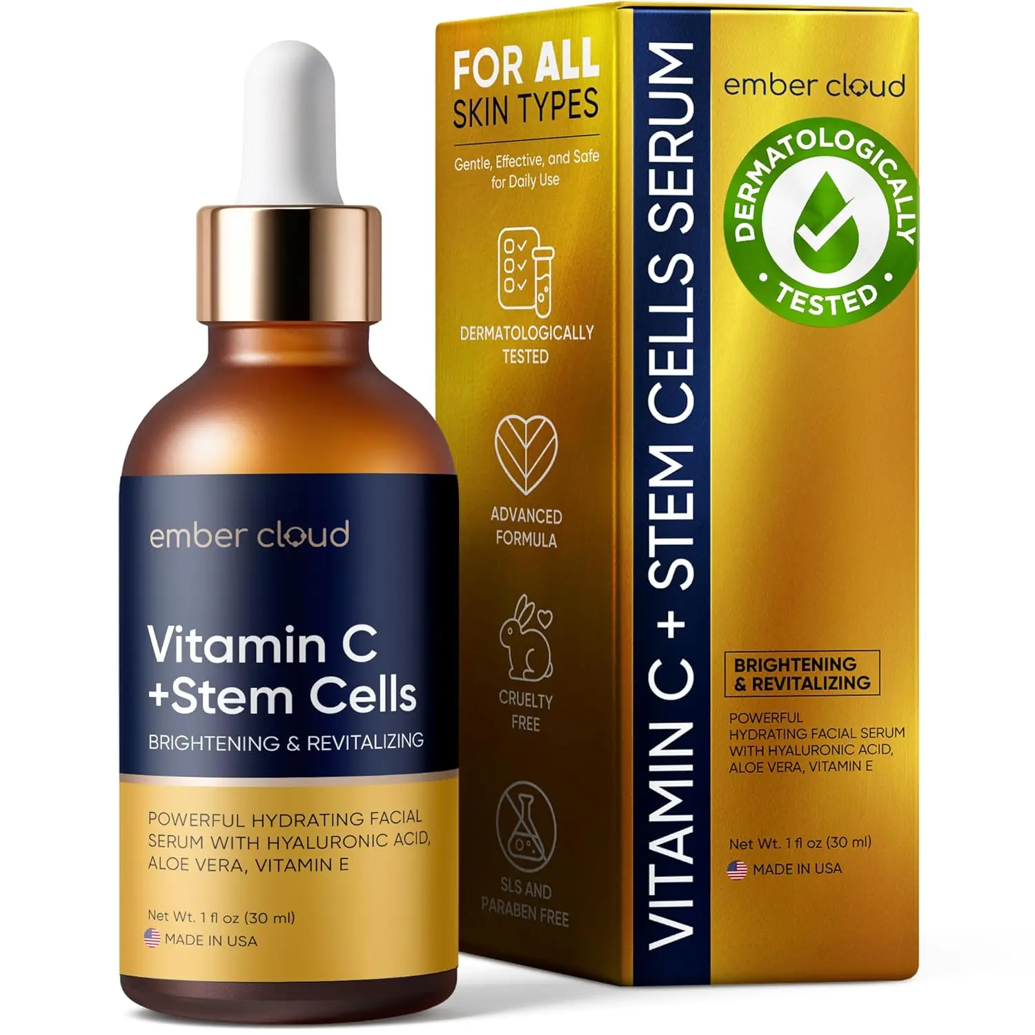 Vitamin C Serum for Face with Stem Cells | Hyaluronic Acid | Vitamin E | Aloe Vera - For All Skin Types Anti-Aging Face Serum Supports Skin Health & Even Tone Day and Night - Made in USA