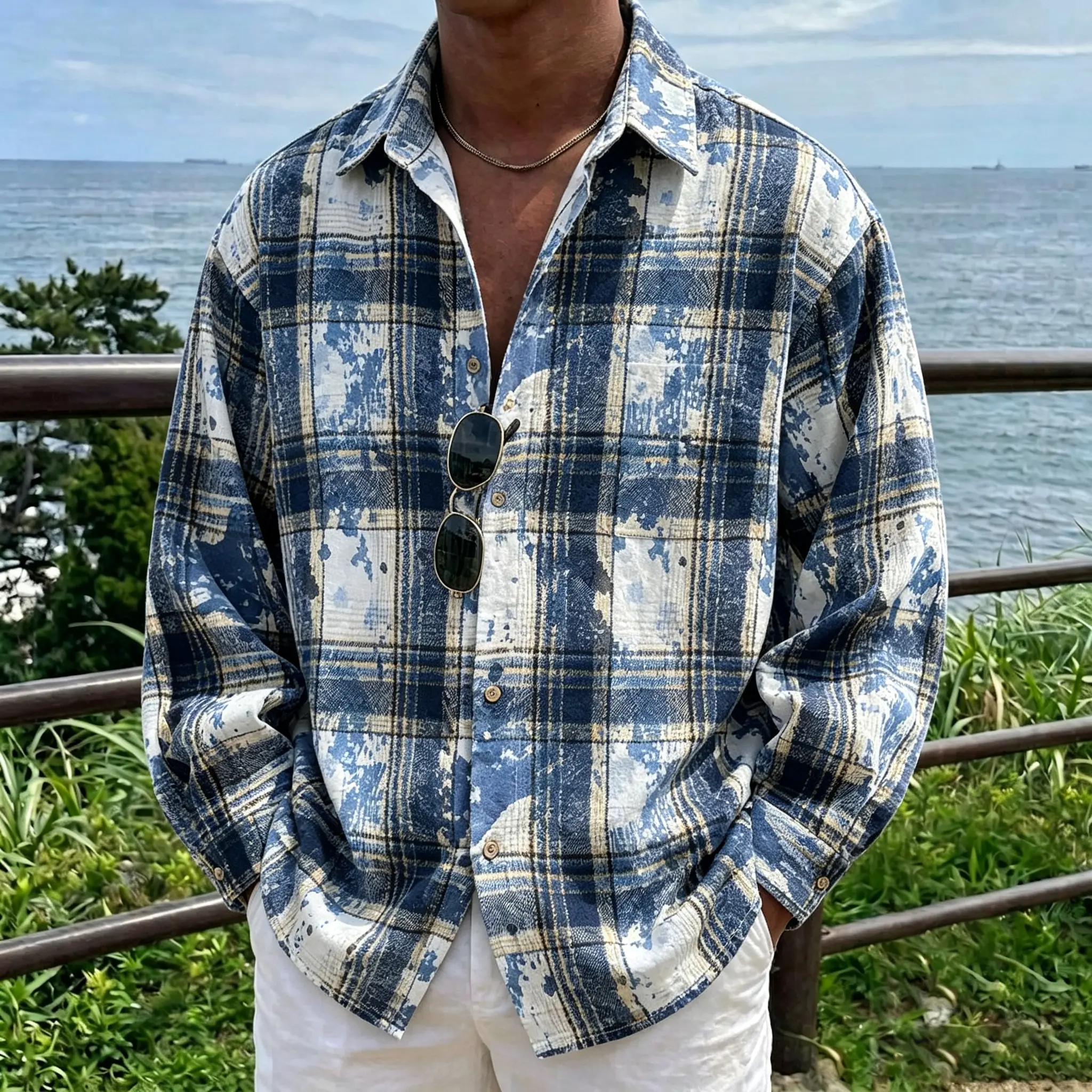 Men's Vintage Plaid Flannel Shirt, Stylish Oversized Long Sleeve Button-Down, Casual Distressed Streetwear Shacket with Chest Pocket, Menswear, Top, Full Sleeves, Casual Basics, Front Buttons, Year-Round Wear