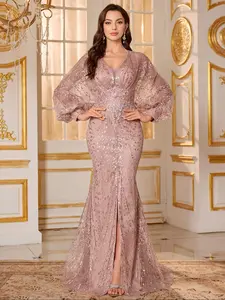 Elegant V-Neck Lantern Sleeve Lace Dress, Waist Cinching Front Slit Floor-Length Flared Gown, Party Evening Prom Formal Wear Dress