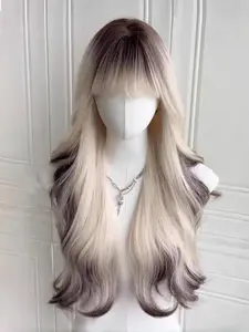 28 Inch Long Wavy Ombre Blonde & Black Synthetic Women Wig with Bangs, Heat Resistant Fluffy Wig for Daily Party Lolita Cosplay, Synthetic Hair Wigs