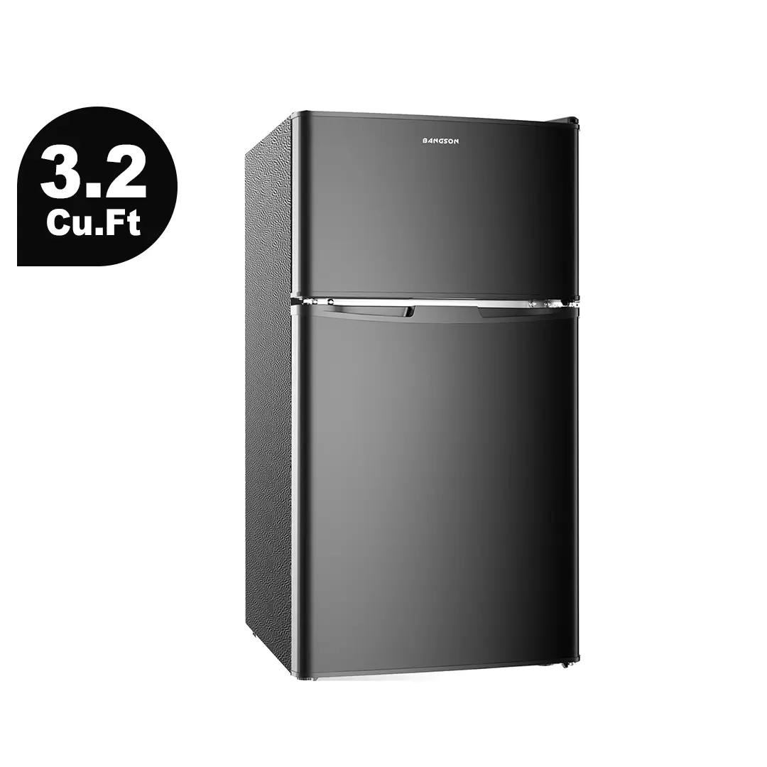 BANGSON 3.2 Cu.Ft Mini Fridge - Double Door Small Refrigerator with Freezer, Adjustable Thermostat, High-Efficiency, Quiet Operation, LED Interior Light, Household Appliance, Holiday Gift Idea, High-Efficiency Mini Fridges