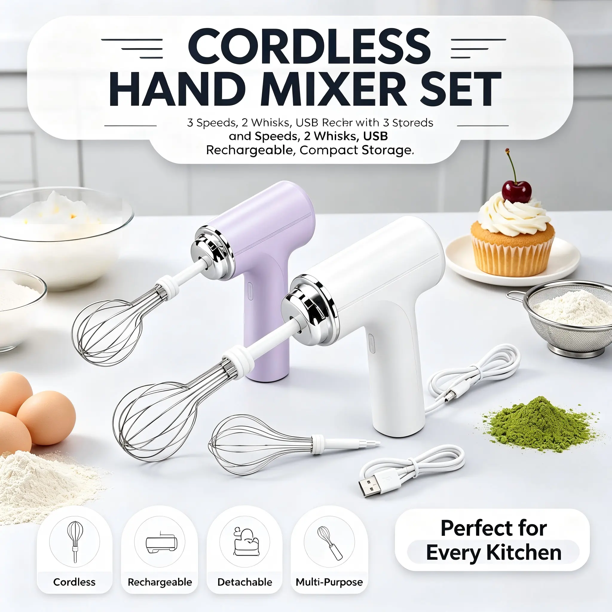 Cordless Compact Hand Mixer - Rechargeable Mini USB Food-Safe Tool, Rustproof Stainless Steel Whisks, Eco-Reusable Structure, 3 Speeds Control, Easy-Wash for Whipping Egg Cream (Home & Party Supplies Gift), Baking