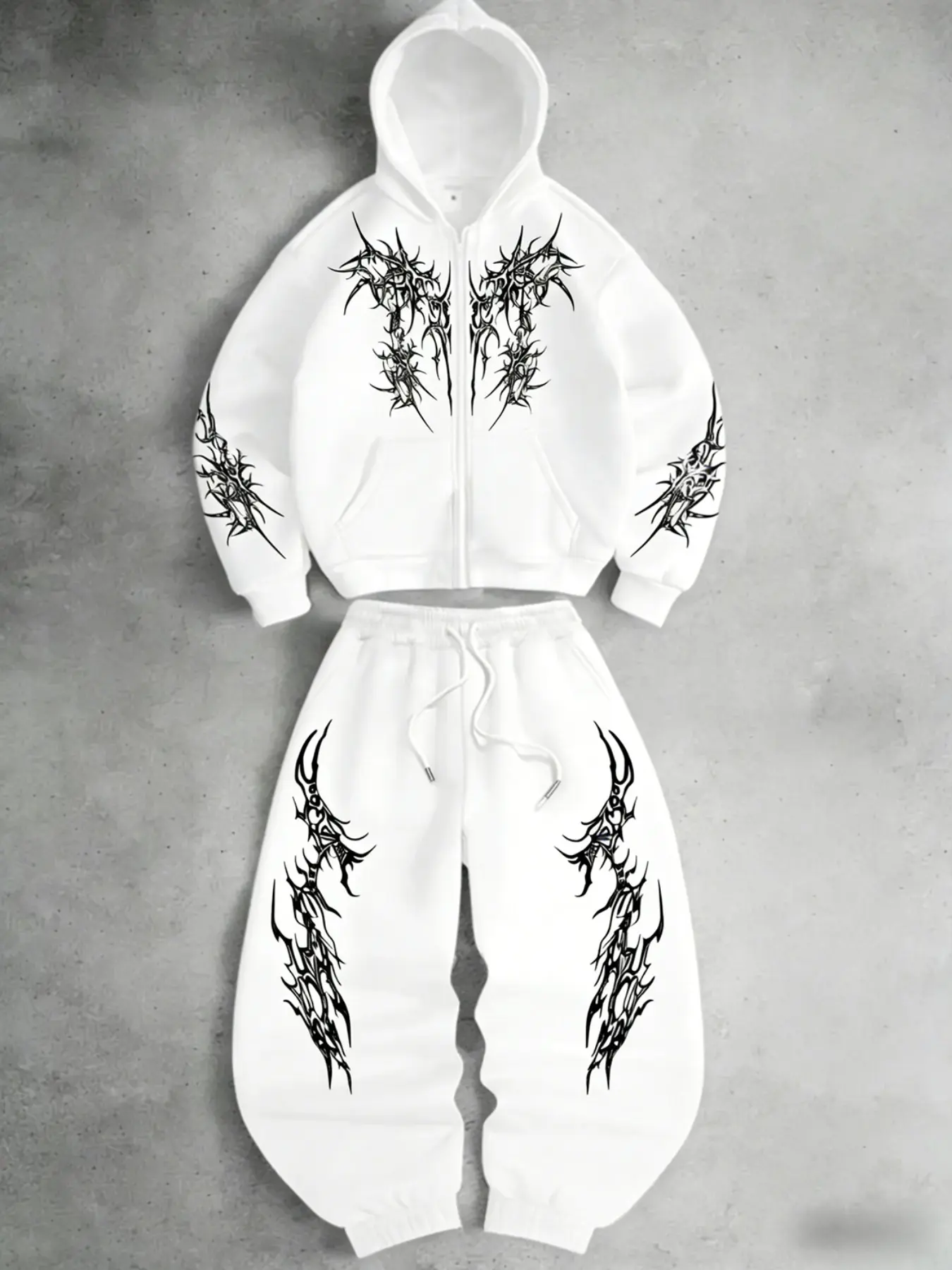 Dark Thorn Totem Zip Hoodie Set, Sweatsuit Set, Spring Casual Fitted Print Sweatshirt & Pants, Trendy Unisex Clothing