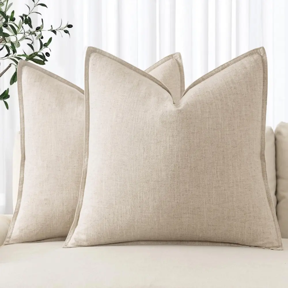 Pack of 2 Square Linen Euro Sham Pillow Covers (24x24 in) - Natural Beige Boho Farmhouse Neutral Accent Pillowcases, Home Decor Items for Bed, Living Room Decorations, Aesthetic Home Decor Couch Throw Pillows