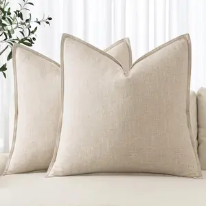 Decorative Linen Euro Sham Pillow Covers 24x24 Natural Beige Boho Farmhouse Neutral Couch Throw Pillows For Bed, Sofa Pack of 2 Accent Modern Pillowcase Home Decor