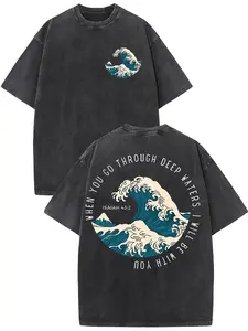 Men'S Vintage Japanese Wave Graphic T-Shirt - 230g Heavyweight Washed Retro Streetwear Tee with Double-Sided Surf Print, Drop Shoulder Sleeves & Roundy2k,Vintage,Streetwear Christmas