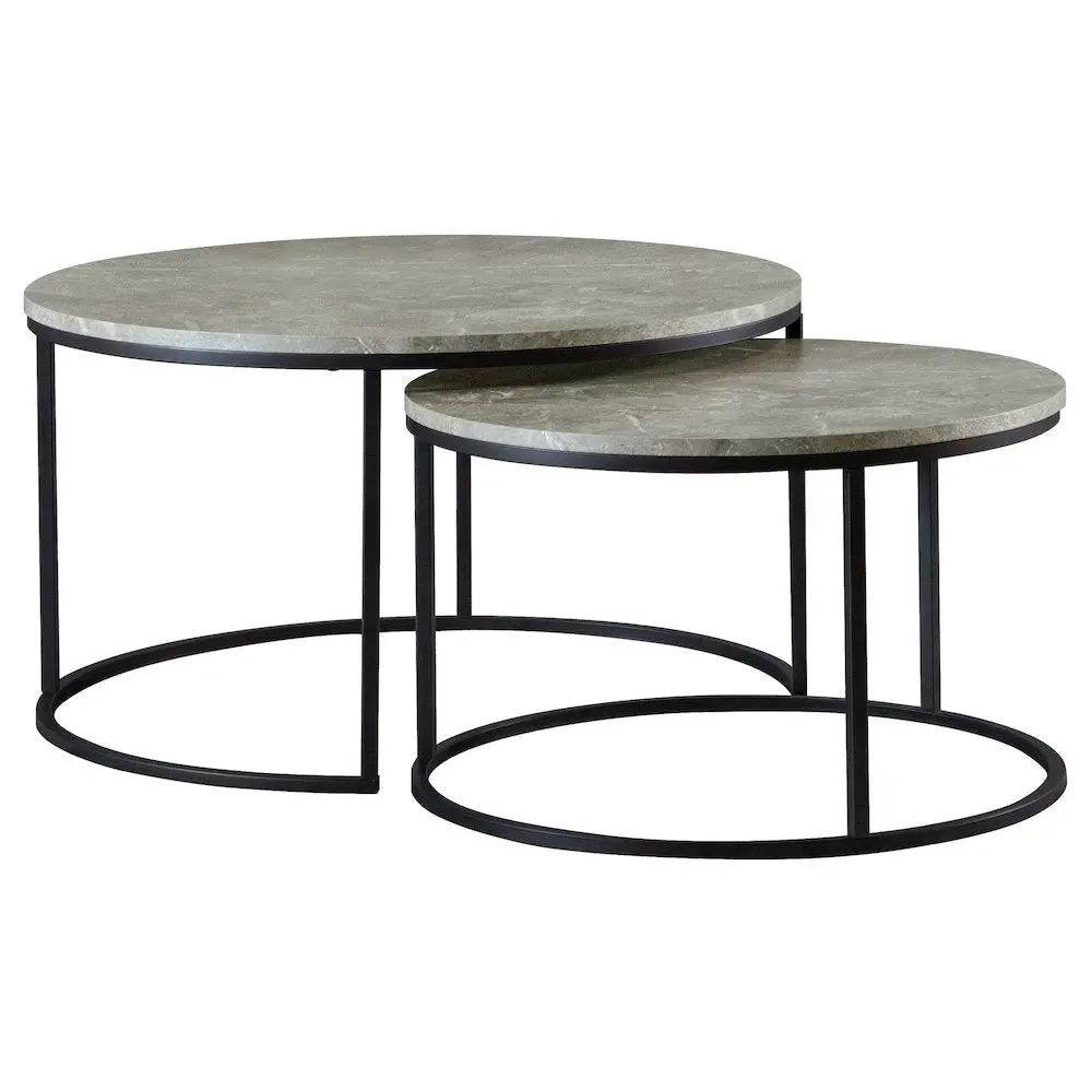 Lainey 2-Piece Faux Marble Nesting Coffee Tables Set - Gunmetal Grey Metal Frame, Marble Faux Stone Living Room Indoor Furniture for Living Space, Round Top