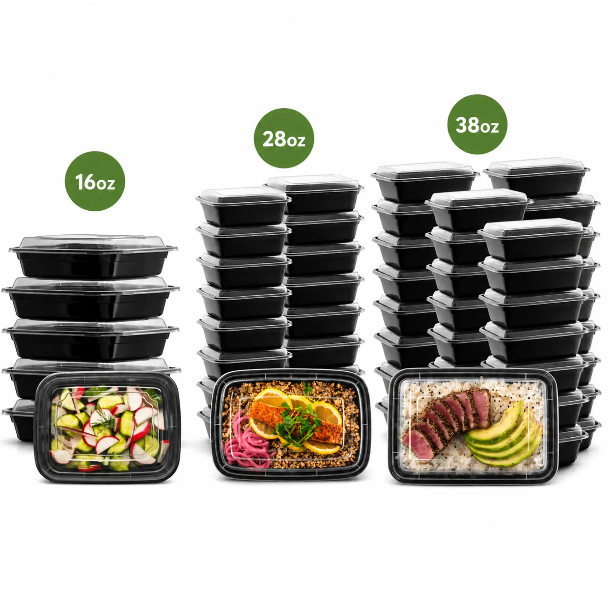 VeZee Rectangular Meal Prep Containers with Lids, BPA Free Plastic Food Storage Containers, Leak Resistant, Reusable, Microwave Freezer Dishwasher Safe, Stackable Meal Prep Boxes for Home, Lunch & Takeout, 16oz, 28oz, 38oz. (Pack of 50)