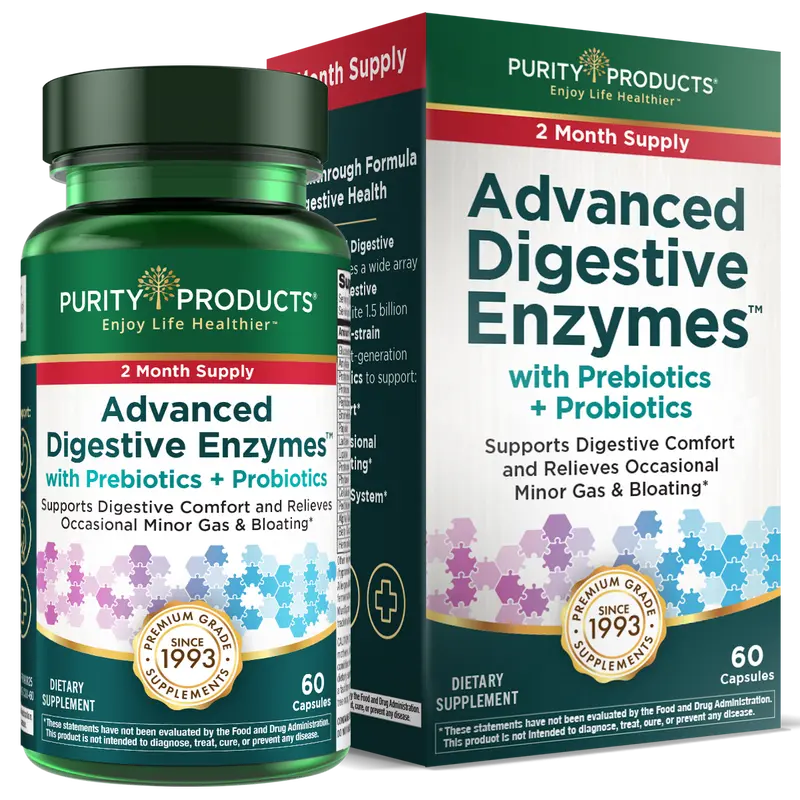 Advanced Digestive Enzymes Prebiotic, Probiotic, & Postbiotic Supplement by Purity Products - 1.5B CFUs, Plant-Based, Anti Bloat Digestive Nutritional Supplements for Bloated Stomach Relief, Gut Support - 60 Veggie Caps, 2-Month Supply