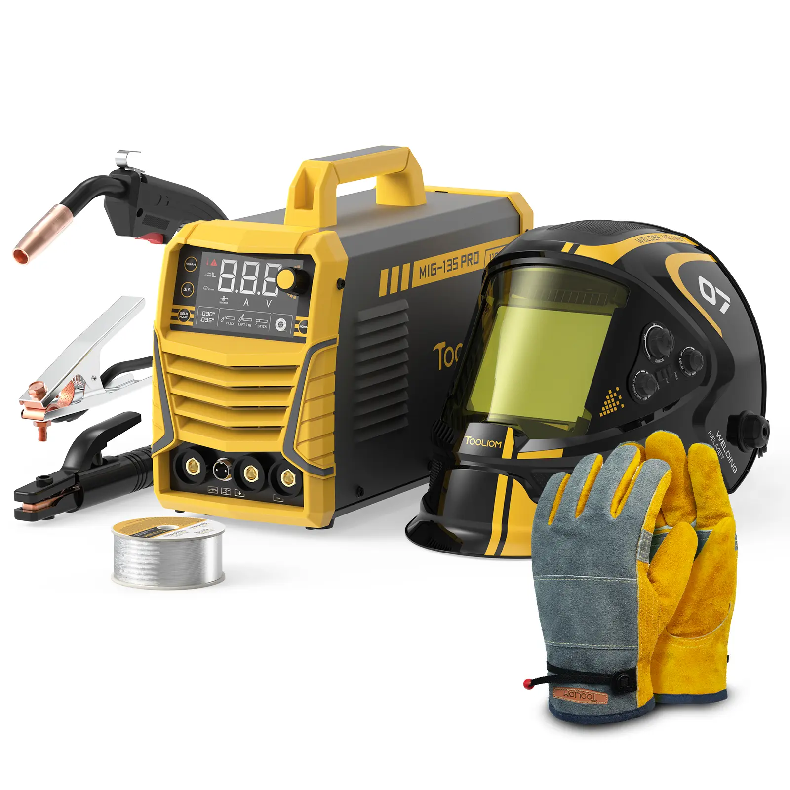 TOOLIOM MIG-135-Pro 110V Flux Core Welder Protection Bundle - 135A 3-in-1 Gasless MIG/Lift TIG/Stick Welding Machine, Includes Auto-Darkened Helmet, Gloves & E71T-GS Wire