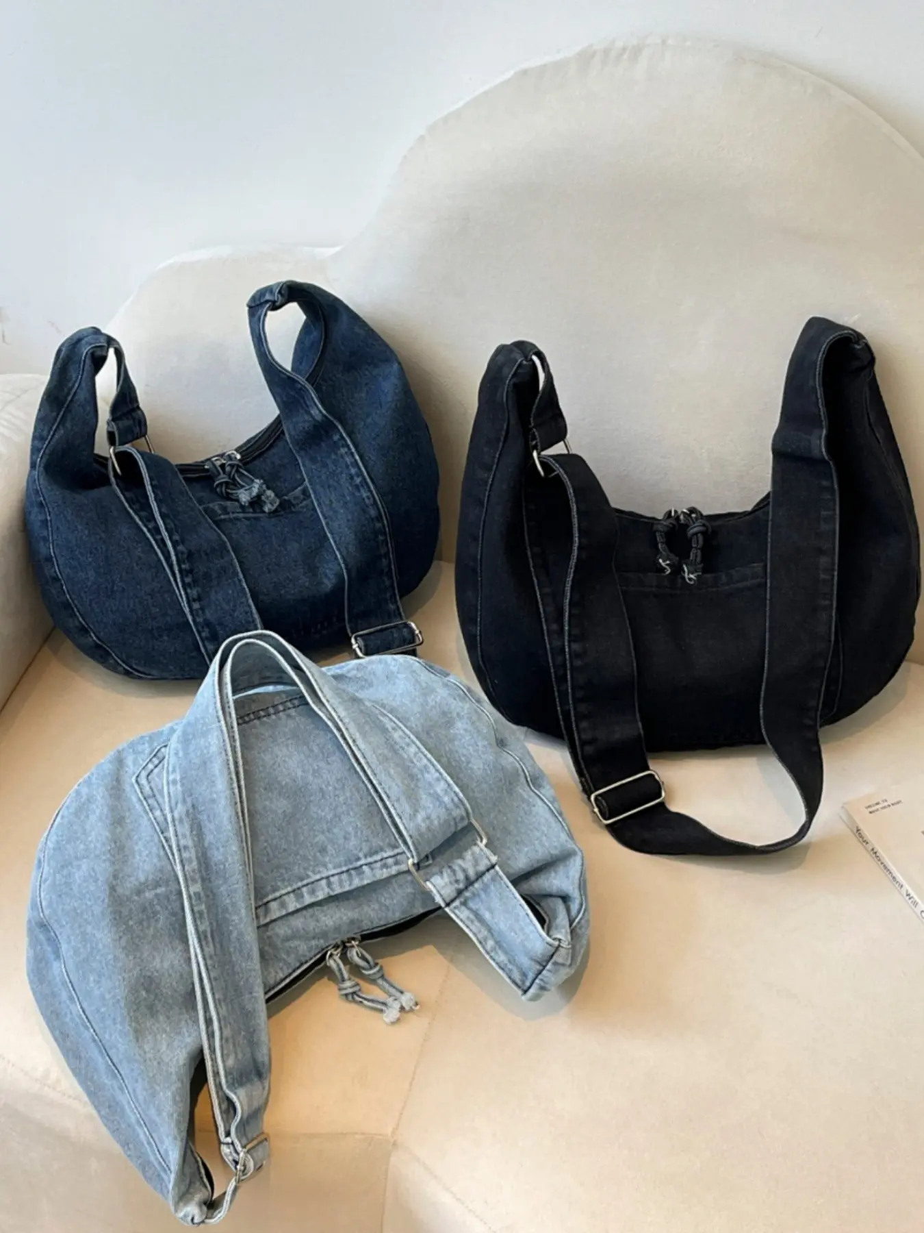 2026 Summer New Vintage Washed Denim Crescent Hobo Handbag Crossbody Bag, Half Moon Purse, Large Capacity Adjustable Shoulder Bag, Casual Commute Canvas Bag, Handbags Crossbody