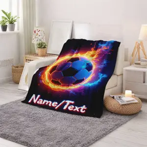 Flaming Soccer Ball Printed Blanket Personalized Custom Name Text Sports Theme Cozy Soft Throw for Soccer Fans Sports Events Game Viewing Outdoor Indoor Use Perfect Gift for Christmas Holidays Birthdays and Special Occasions