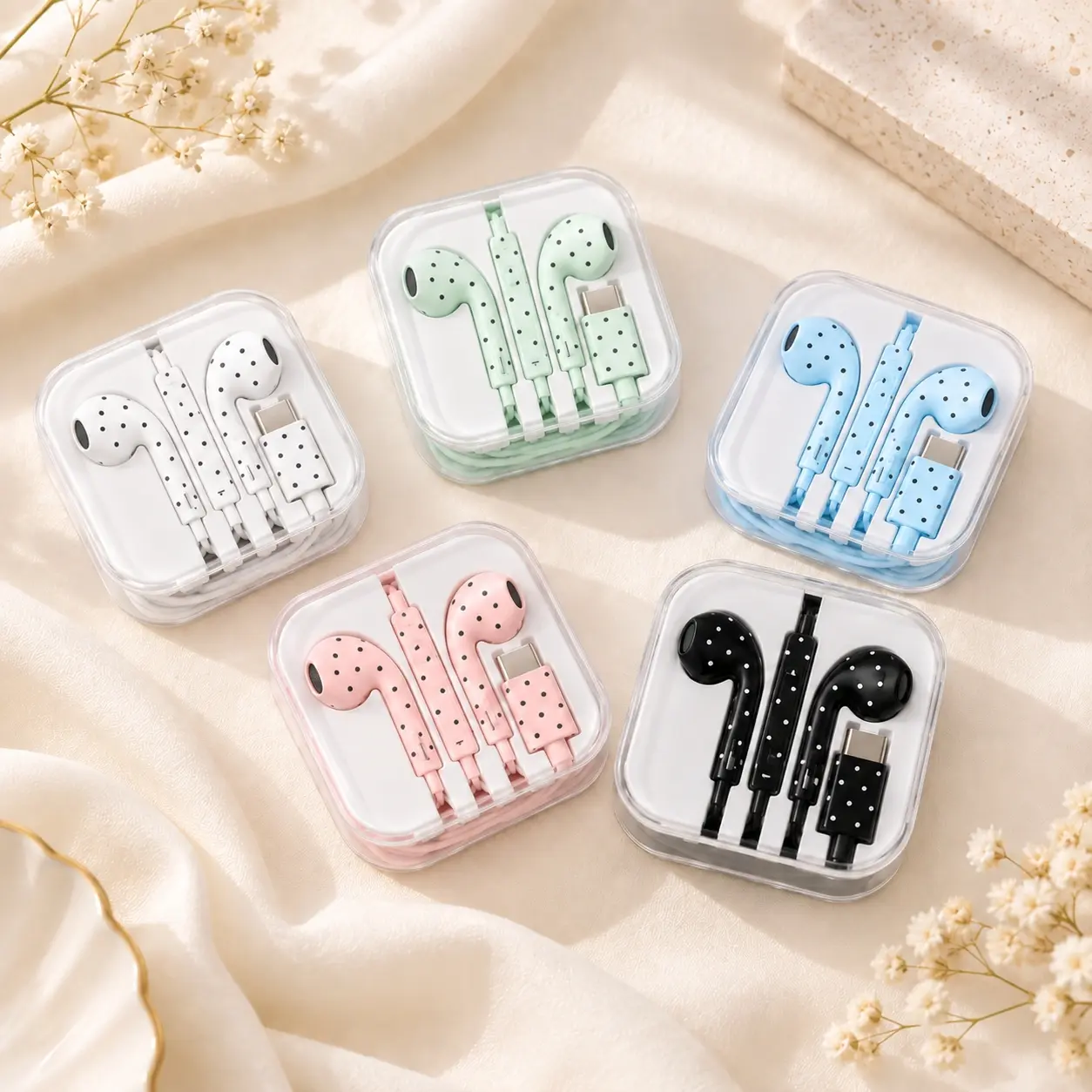 Polka Dot Type-C Headphones Wired Earbuds for iPhone 18/17/16/15 Pro Max iPhone 18 duo - Phone Accessories, Plug and Play with HD Calling, Microphone, for Gaming and Outdoor Use,Music