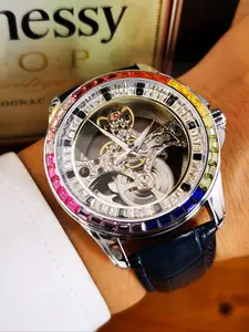 1pc Fashion Luxury Skeleton Automatic Mechanical Watch for Men Luminous Hands Blue PU Leather Strap Business Casual Mens Watches Top Brand Gifts With Box