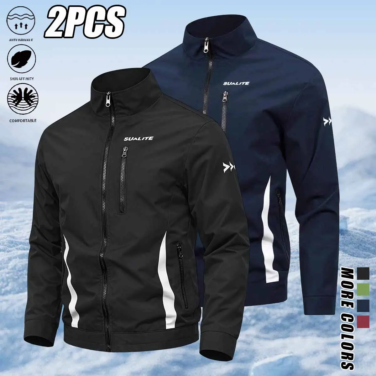 Two-piece set men’s outdoor everyday jacket—casual stand-collar long-sleeve softshell jacket; sporty casual stand-collar hardshell outerwear for autumn/winter, warm for hiking and mountaineering; suitable for climbing, trekking, camping, daily walks, and