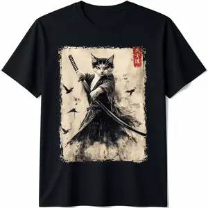 Men's Samurai Cat Graphic Short-Sleeve T-Shirt - Menswear Top, Vintage Japanese Art Anime Warrior Design, Classic Cotton Round Neck, Casual Streetwear Clothes, Gift for Him