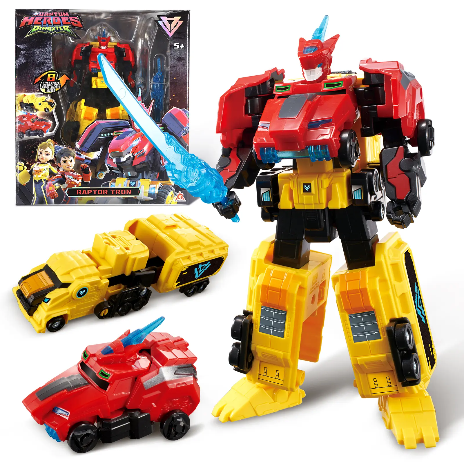 QUANTUM HEROES DINOSTER Transforming Toys 2-in-1 Raptor Tron Robot 7.48-inch Action Figure for Kids 5+ Red & Yellow ABS Material Dinosaur Rescue Mission Toy with Tank to Robot Transformation Modes Adventures Fun