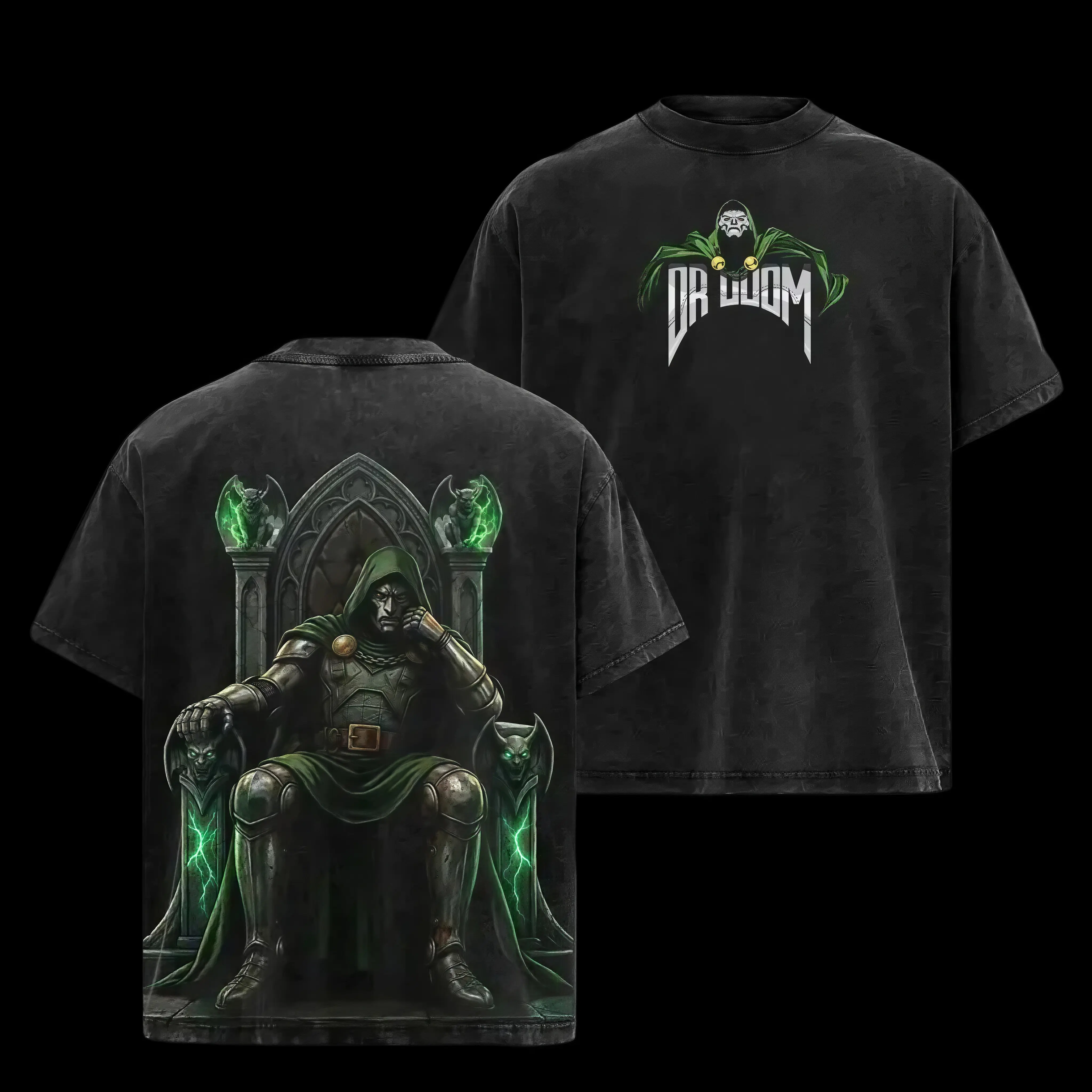 Unisex crew neck short sleeve tee, vintage washed loose villain print top, double-sided Doctor Doom throne streetwear shirt, soft cotton relaxed fit for outdoor daily wear