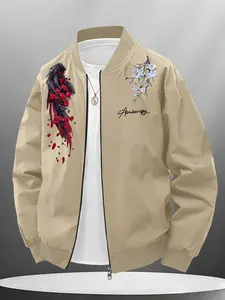 Trendy Fashion Men's Rose Feather Flower Printed Bomber Jacket for Daily Casual Outings and Streetwear Coats