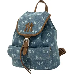 MLB New York Yankees Full-Print Monogram Cotton Backpack for Men and Women in Light Blue and Charcoal