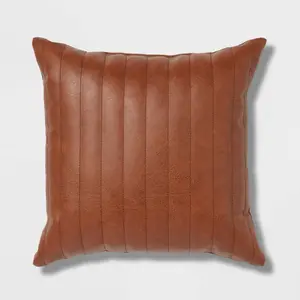 Square Faux Leather Channel Stitch Decorative Throw Pillow Cognac - Threshold
