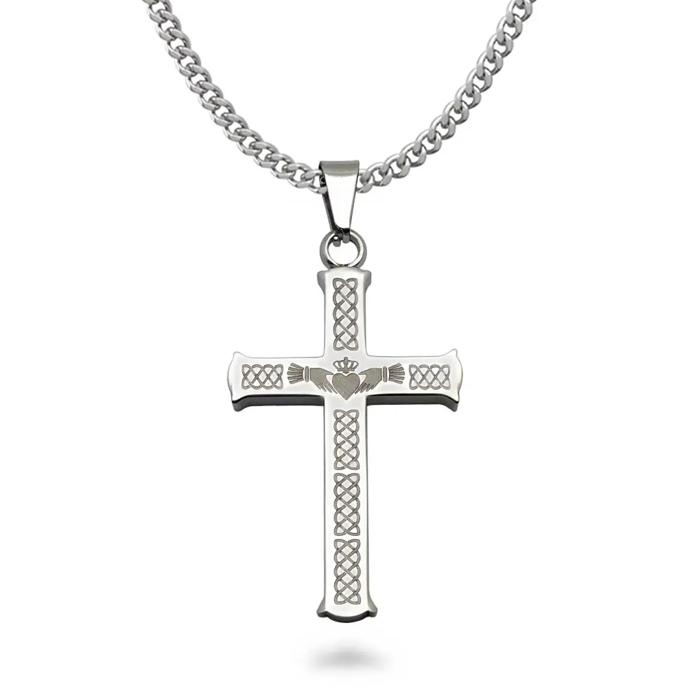 Stainless Steel Celtic Claddagh Cross Necklace - Personalized, 2x1 in, 24 in, Laser Engraving, for Men & Women, Valentine's Day, Christmas, Anniversary Gift
