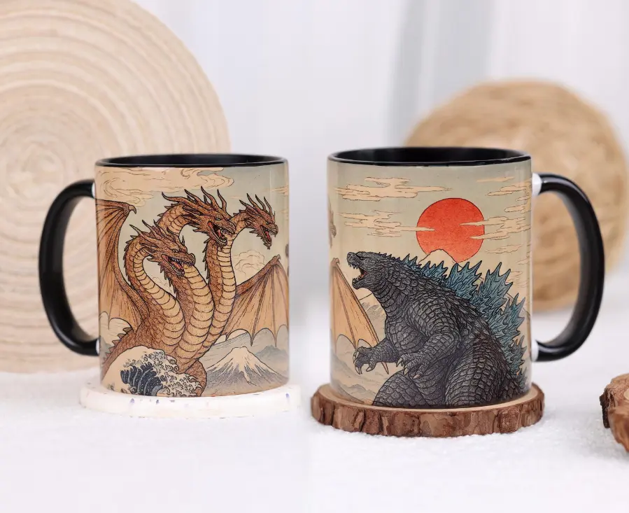 Godzilla vs King Ghidora Mug, Retro Kaiju mug - Japanese Monster Movie Print, Godzilla Movie Decor, Sci-Fi Film Mug