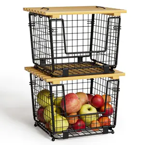 Stackable Fruit Baskets with Bamboo Top: 2 Pack Pantry Organizer for Kitchen Counter, Storage Wire Organizing Basket for Fruit, Vegetable, Bread- Black