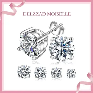 Delzzad S925 Round Synthetic Moissanite Stud Earrings Daily Costume Jewelry Accessories Perfect Birthday Wedding Anniversary Valentine Festive Gifts for Women Girls