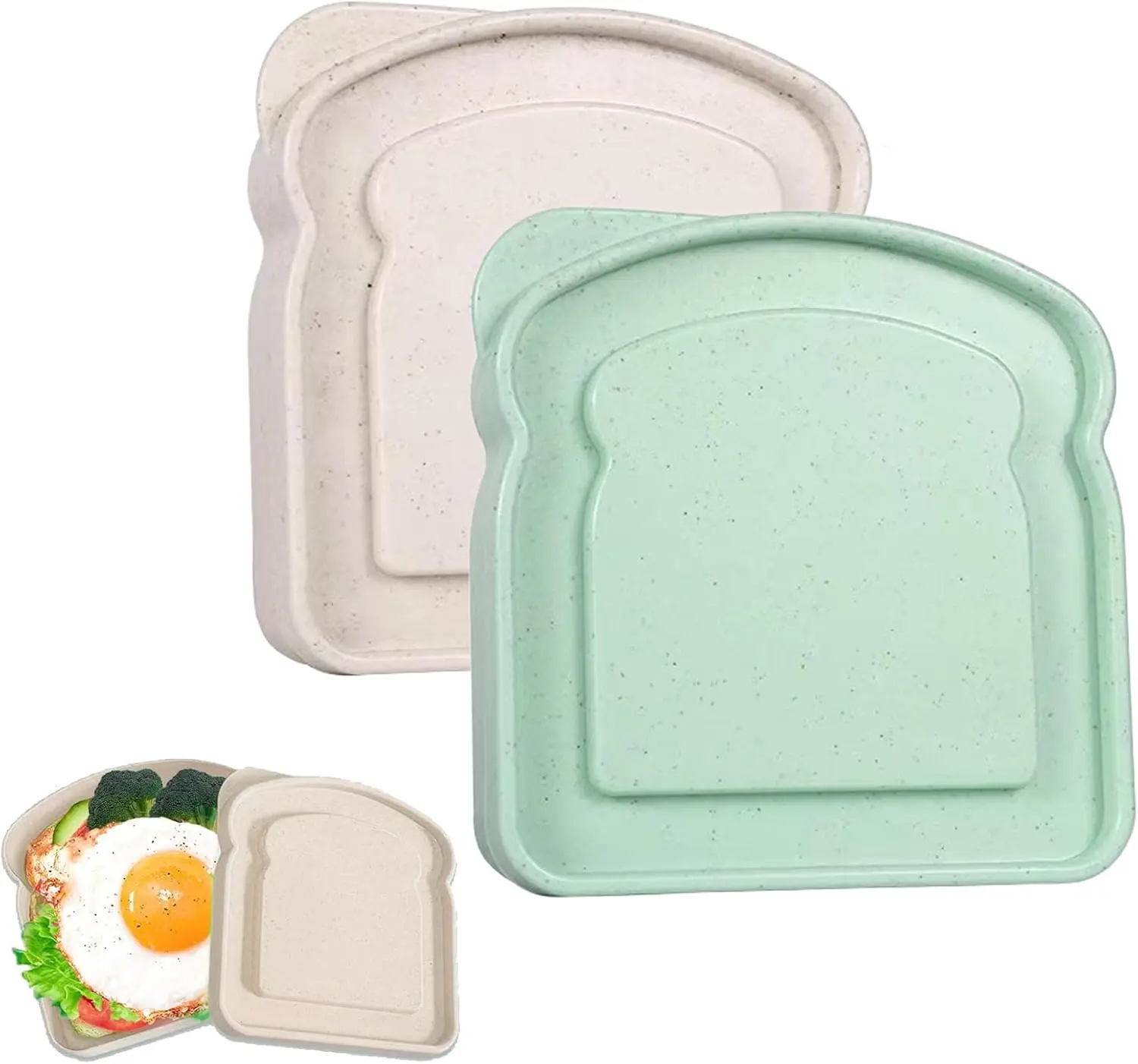 2-Piece Reusable BPA-Free Plastic Kitchen Sandwich Containers with Lid - Microwave-Safe Food Storage Boxes for Family, Office (Green, Beige), Smooth