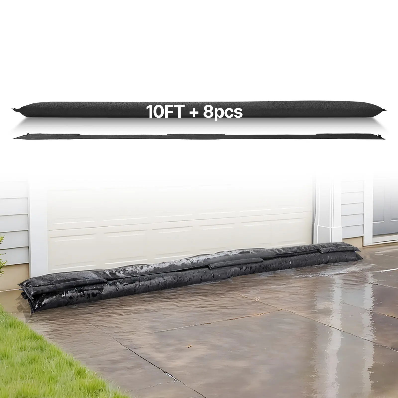 【Summerfinds】VEVOR Portable Lightweight and Reusable Durable Flood Barrier, 8-Pack 10x0.7 ft Rapid-Expand Superabsorbent Water-Activated Sandless Bags, Water Seal for Home Doorway Emergency Storm Protection