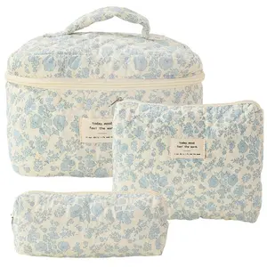 3pc Makeup Bag Set, Quilted Large Makeup Bag Set, ,Flower Travel Toiletry Organizer Bag for Accessories, and Brushes