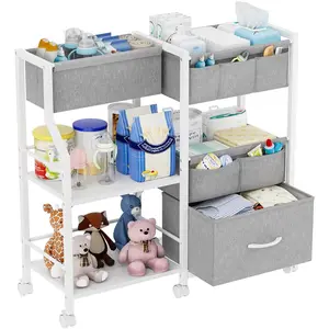 Baby Diaper Organizer and, 3 Tier Rolling Cart with Dividers and Drawers, Mobile Cart with Wheels for Nursery, Bedroom, Baby Cart, White