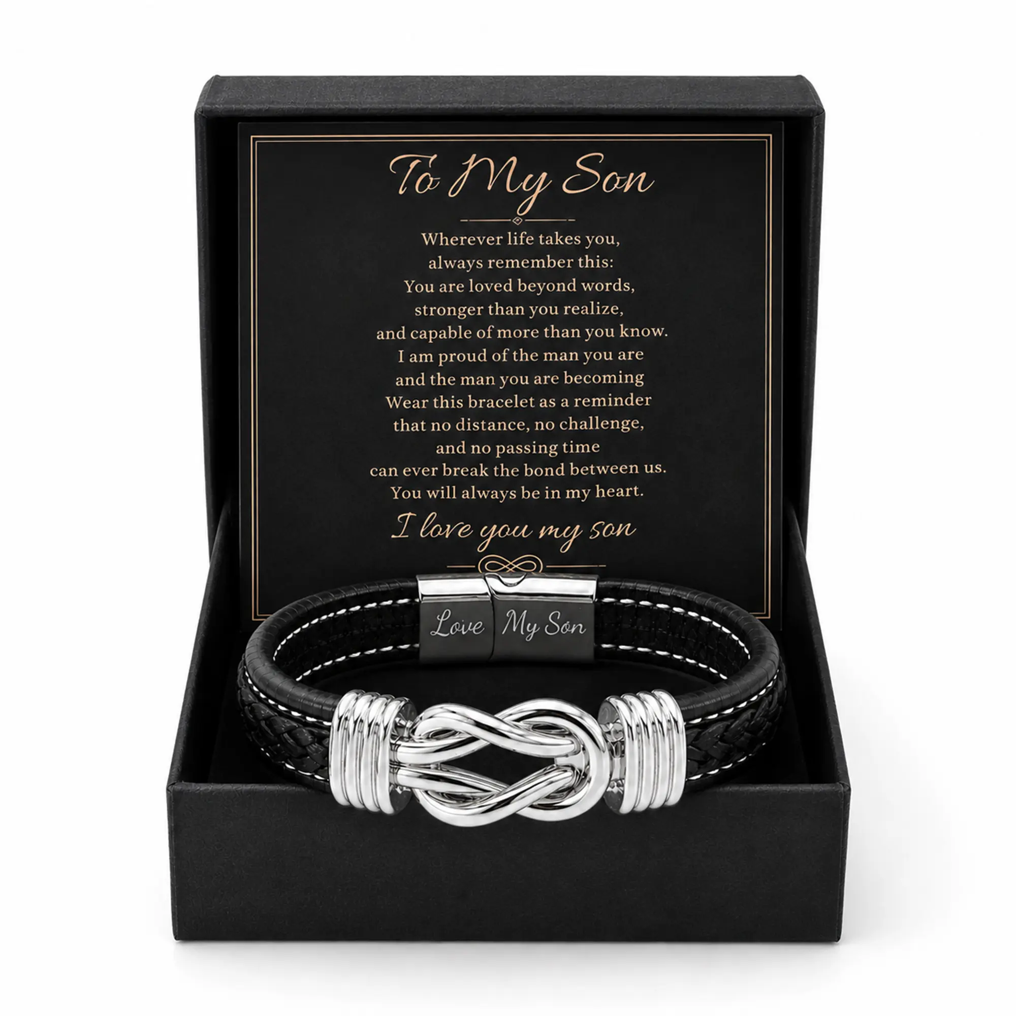 To My Son Infinity Knot Bracelet with Message Card & Gift Box, Black Braided PU Leather Bracelet with Alloy Accents, Meaningful Birthday Christmas Graduation Gift from Mom or Dad, 21cm/23cm