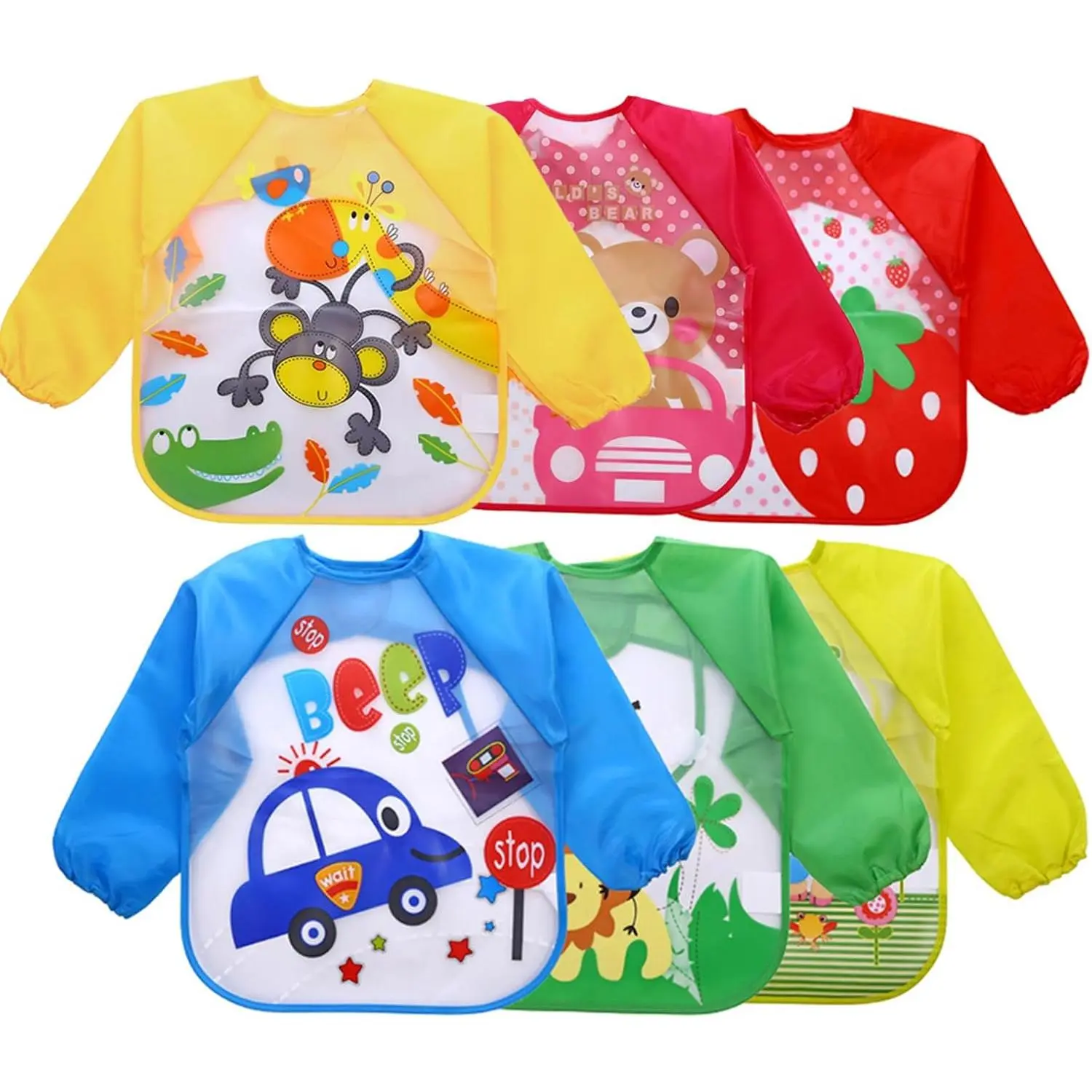 Kids' 6-Pack F-CPA18 Comfortable Long-Sleeve Polyester-PVC Waterproof Art Smock Apron Set, Anti-Oil Cute Prints, 34 cm Width 44 cm Length, for 1-4 Years Old, Ideal for Crafts, Cold & Hand Wash Only, All Seasons, Classroom, Cartoon Print