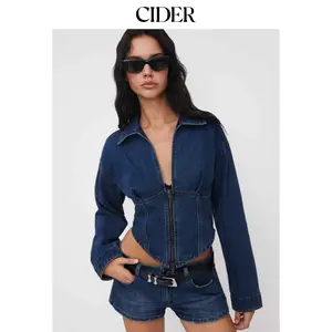 Cider Denim Collar Solid Corset Zipper Jacket