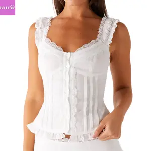 Women's Button Front Ruffle Scoop Neck Sleeveless Crop Tops Summer Blouse