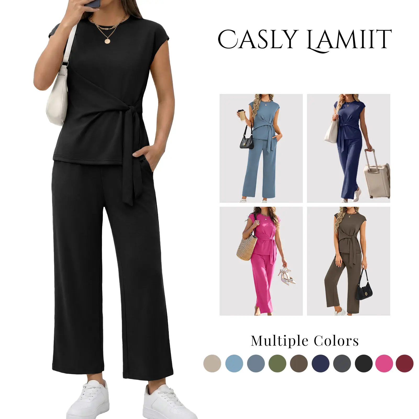 Casly Lamiit Women's Minimalist Elegant 2-Piece Lady Outfit - Lightweight, Breathable, Soft Fabric Round Neck Short-Sleeve Fitted Top with Belted Tie, Cropped Wide Leg Pants - Comfortable Travel & Everyday Wear,summeroutfits,vacationoutfits,bathingsuitwom