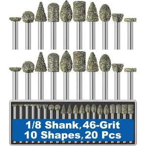 20 count 46-Grit   Bit 1/8" Shank Compatible with Dremel Rotary Tool Attachment Accessories Grinding Burrs for Stone Glass  Porcelain Ceramic Quartz  Steel Carve Engrave Polish