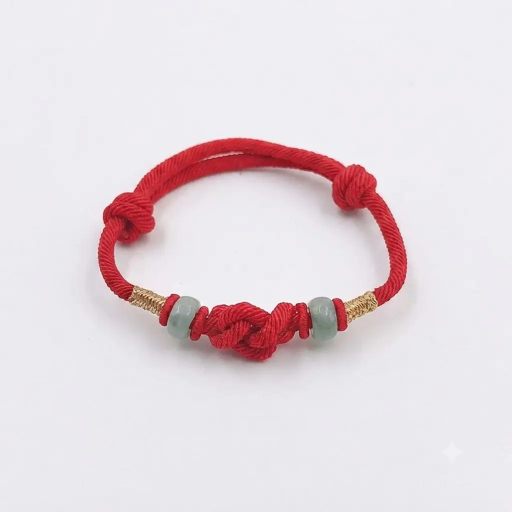 Women's & Male Classic Red String Artificial Jade Bracelet - Couples' Daily Jewelry Accessory, Singles, Adjustable Double-Clasp, Double Knot, Traditional, Gift-Ready, Cord & Jade, Fits Wrists Of All Sizes, Gold-Thread Detailing, Unisex, Synthetic/Simulate