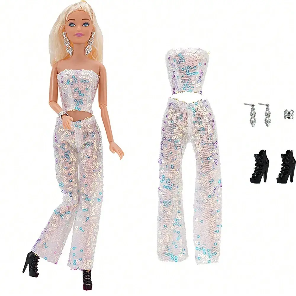 Bling Costume Set for 30cm Dolls, Includes Sequined Top, Pants, Shoes, Fashion Party, Ideal Gift for Doll Enthusiasts